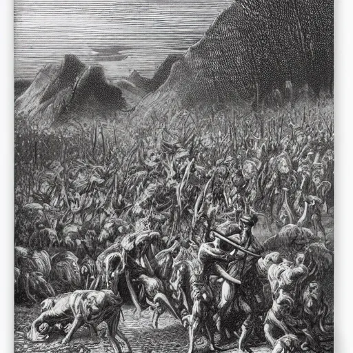 Image similar to woodblock print of the sons of cain wandering antediluvian fields with their beastly herds, genesis, by gustave dore