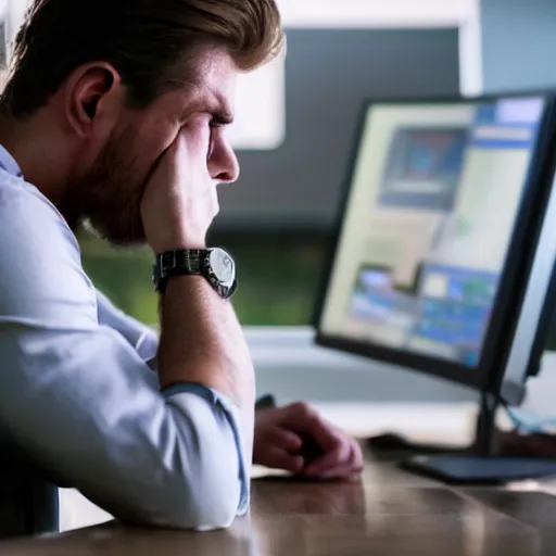 Image similar to detailed photorealistic with bokeh, and cinematic lighting of detailed man sitting while crying because stuck in front of his computer because programming.