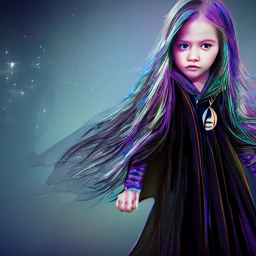 Image similar to mysterious girl child with her long black hair dressed in a chequered cape, carrying blue very big magical crystal, digital art, hd, 4 k, hyper detailed