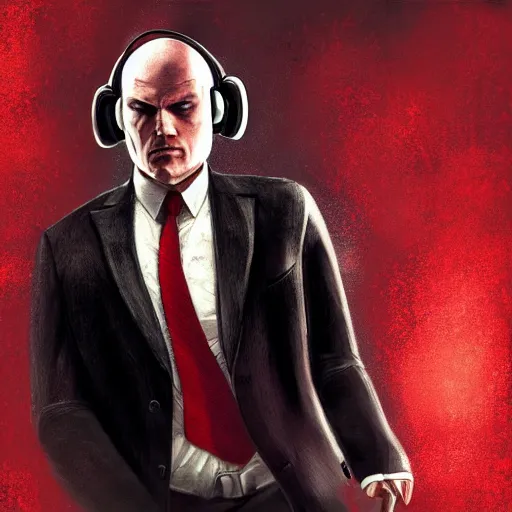 Prompt: agent 4 7 from hitman wearing headphones and listening to music alone in a monestary, dark background, red rim light, highly detailed, smooth, sharp focus, art by ali kiani amin