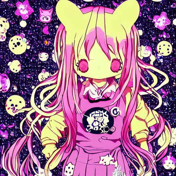 Image similar to sanrio glitchcore yokai girl, shadowverse character concept, found footage horror, glitter gif | Fatalistic (Bleak, Gloomy) | d anime decora gyaru kawaii fashion model, v tuber, darling in the frank,asuka, anime best girl, with glitch and scribble effects, psychedelic colors, 3d render octane, by wlop, wenjr, beeple, artstation,imaginefx