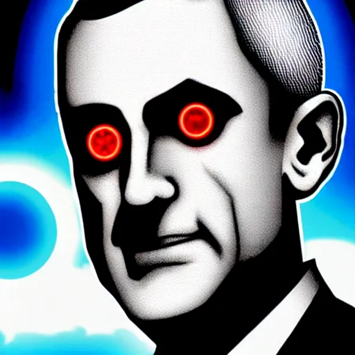 Image similar to bright glowing eyes, digital illustration of secretary of denis mcdonough face with demonic laser eyes, cover art of graphic novel, eyes replaced by glowing lights, glowing eyes, flashing eyes, balls of light for eyes, evil laugh, menacing, Machiavellian puppetmaster, villain, clean lines, clean ink