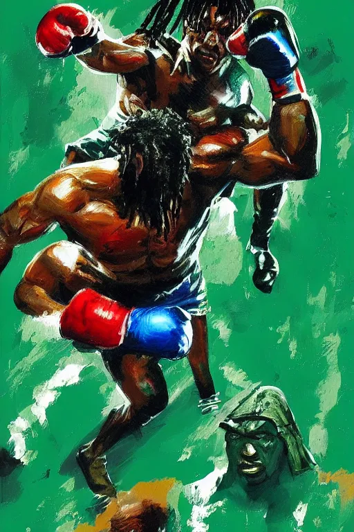 Image similar to fight between rocky balboa and the predator, artstation, concept art, smooth, sharp foccus ilustration hq, painting in the style of leroy neiman, green tones