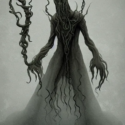 Image similar to concept designs for an ethereal ghostly wraith like figure with a squid like parasite latched onto its head and long tentacle arms that flow lazily but gracefully at its sides like a cloak while it floats around a frozen rocky tundra in the snow searching for lost souls and that hides amongst the shadows in the trees, this character has hydrokinesis and electrokinesis for the resident evil village video game franchise with inspiration from the franchise Bloodborne and the mind flayer from stranger things on netflix in the style of a marvel comic