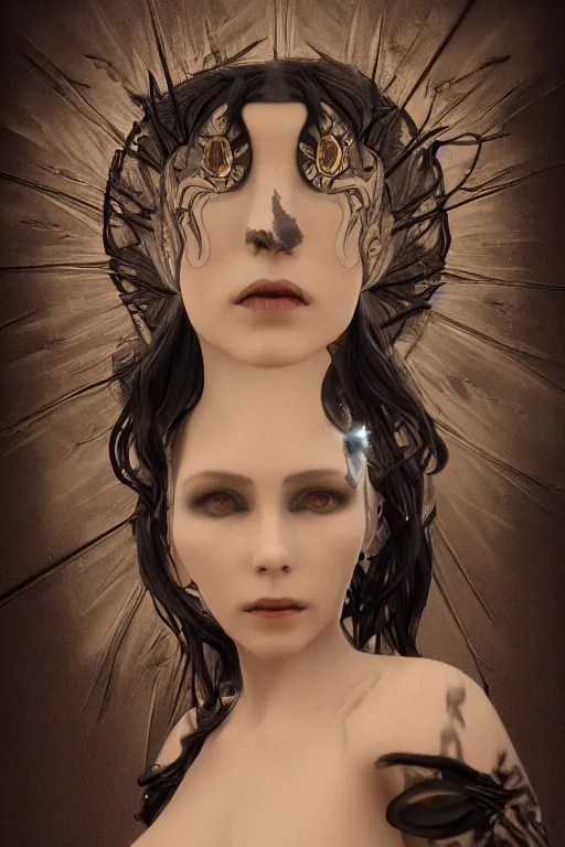 Image similar to a realistic dark photo of a mileena, woman, herpen dress jewelery and fractals in style of alphonse mucha art nuvo dmt trending on artstation made in unreal engine 4