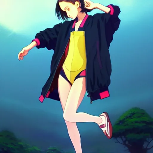 Image similar to a beautiful! boyish! natalie portman alluring gravure! model, wearing oversized mayan bomber jacket and leotard with overalls, bulky poofy bomber jacket with mayan patterns, gapmoe yandere grimdark, trending on pixiv fanbox, painted by greg rutkowski makoto shinkai takashi takeuchi studio ghibli, akihiko yoshida