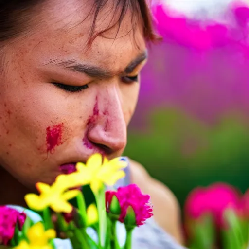 Image similar to epic warrior dying with flowers, sharp focus, hd