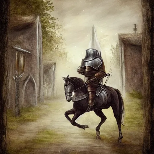 Prompt: mounted knight entering a spooky village