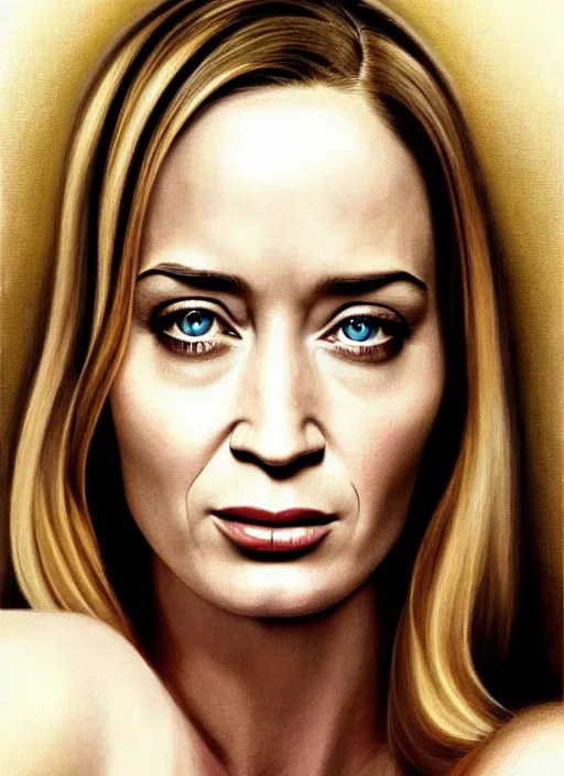 Prompt: youthful Emily Blunt staring seductively at you. ultra detailed painting at 16K resolution and amazingly epic visuals. epically beautiful image. amazing effect, image looks gorgeously crisp as far as it's visual fidelity goes, absolutely outstanding. vivid clarity. ultra. iridescent. mind-breaking. mega-beautiful pencil shadowing. beautiful face. Ultra High Definition. godly shading. amazingly crisp sharpness. photorealistic film cel processed twice..