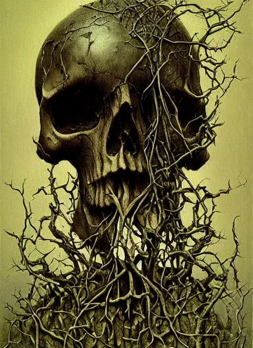 Image similar to skull, ivy, death, steampunk by zdislaw beksinski