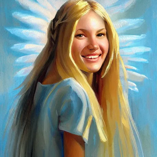 Image similar to a painting of an angel, a young woman with long blond hair and a halo smiling in heaven, steve henderson