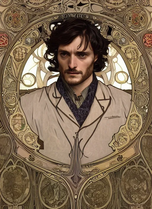 Prompt: Will Graham from NBCs Hannibal in portrait Alphonse Mucha art nouveau style, brutal, epic, intricate, elegant, highly detailed, digital painting, 4k, HDR, concept art, smooth, sharp focus, illustration, art by alphonse mucha,artgerm, H R Giger