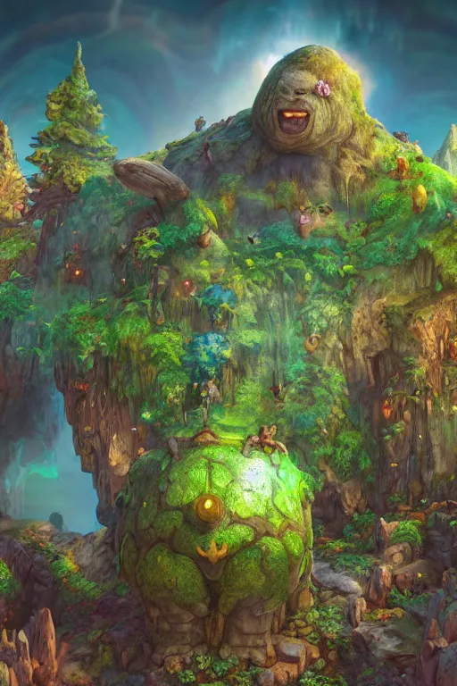 Image similar to zelda fantasy art giant golem troll wood rock greeble gemstone enchanted forest, global illumination ray tracing hdr fanart arstation by sung choi and eric pfeiffer and gabriel garza and casper konefal bastion forged hardmesh lisa frank zbrush central radiating a glowing aura global illumination ray tracing hdr