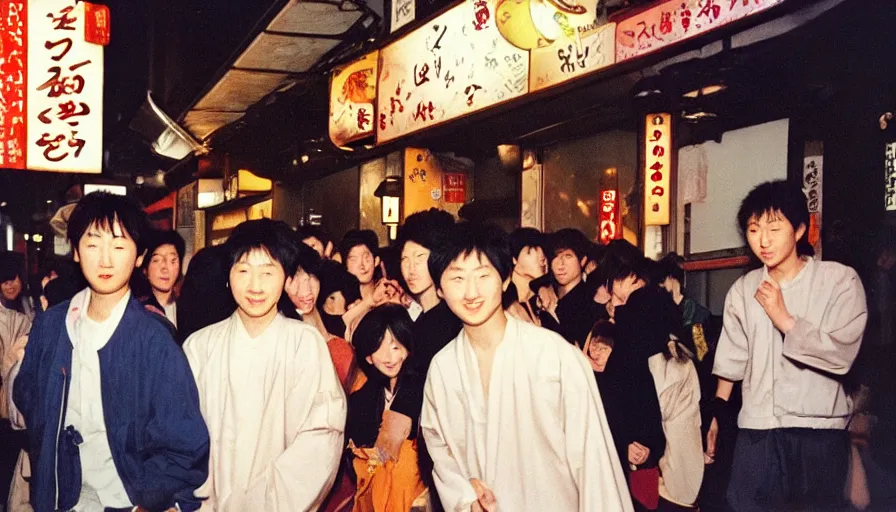 Image similar to masterful photography by haruto hoshi and yang seung woo and saul leiter, young people enjoying night life in kabuki cho japan in the 1 9 9 0 s, film grain, full color, shot on kodak gold with a canon 3 5 mm lens aperture f / 5. 6, hyperrealistic