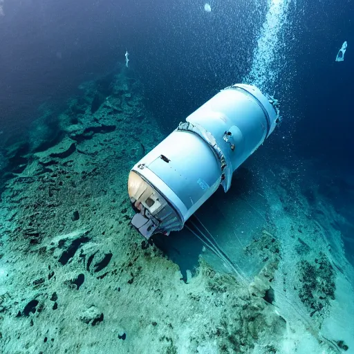Prompt: an advanced spacecraft sunk at the bottom of the ocean, 8k photography