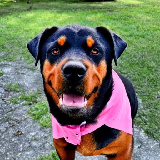 Prompt: rottweiler wearing a pink shirt