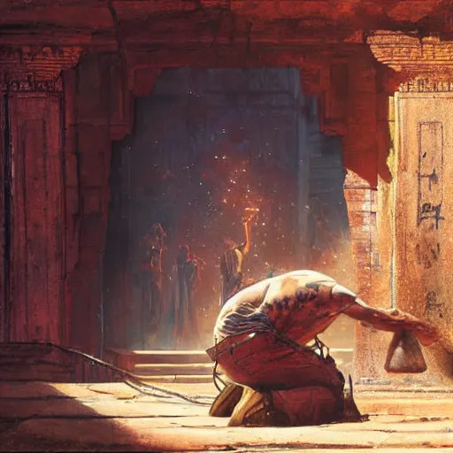 Prompt: indiana jones stealing a catalytic convertor, that is on a trapped pedastal, from inside a temple, painted by greg rutkowski