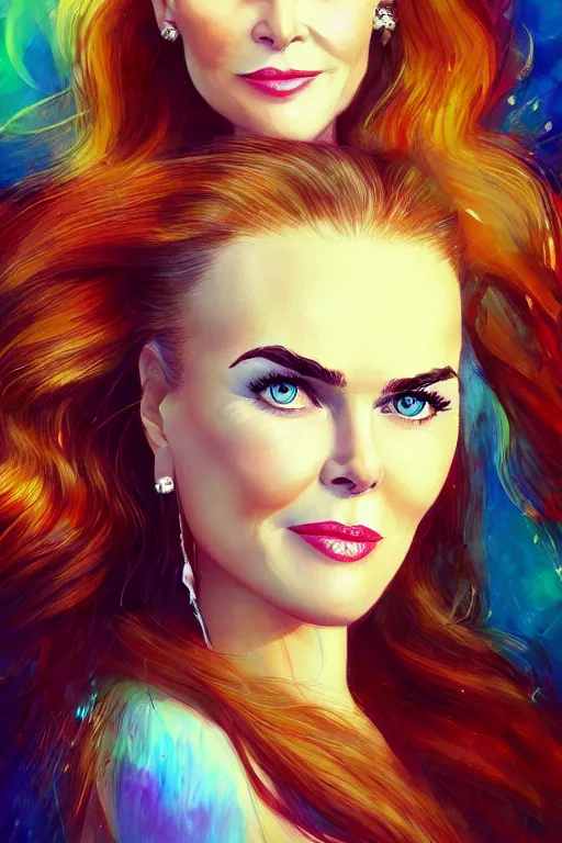 Image similar to portrait of a mix of beautiful young maria shriver, mariel hemmingway, brooke shields, nicole kidman and elle macpherson as a mermaid, thin lips, hair tied up in a pony tail, colorful artstation, cgsociety