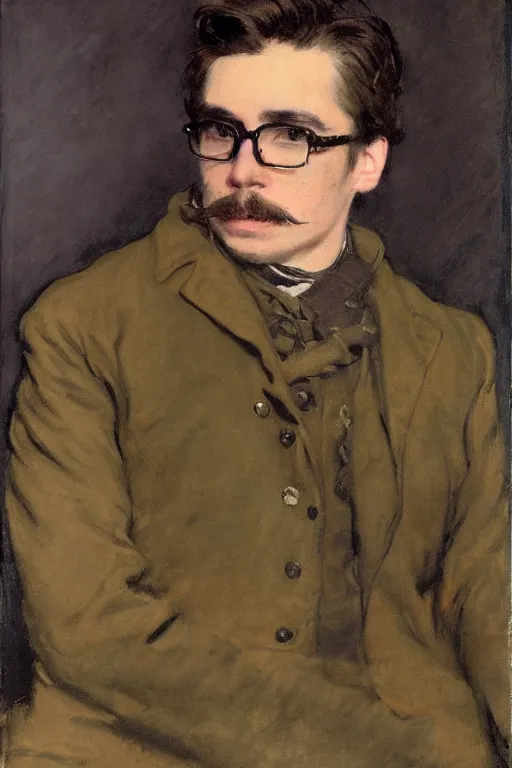 Prompt: close up portrait of a josh hartnett as a jolly steampunk edwardian gentleman vermillion military jacket and uniform facial hair glasses dark long hair deep eyes cheeky by walter sickert, john singer sargent, and william open