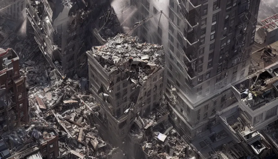 Image similar to Cinematic view of buildings collapsing on people in New York City during an earthquake, hyperdetailed, artstation, cgsociety, 8k