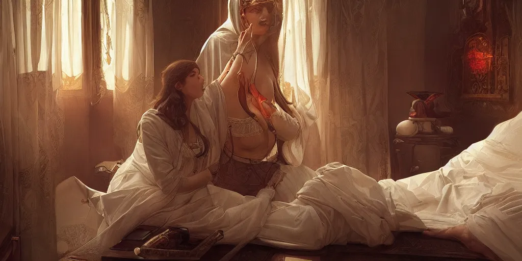 Prompt: photography of a pope making touching a sensual woman in a bedroom, deep focus, intricate, elegant, highly detailed, digital painting, artstation, concept art, matte, sharp focus, illustration, art by artgerm and greg rutkowski and alphonse mucha