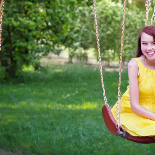 Prompt: a detailed portrait of a real cute girl on swing, wearing a yellow dress, smiling coy, award winning hd photo