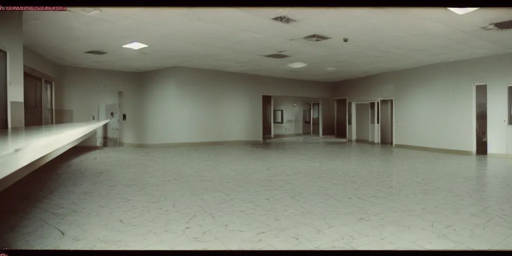 Image similar to a weird place full of people but now empty with eerie feeling, disposable colored camera, camera flash, house, mall, hallway, playground, office, pool, interior, room