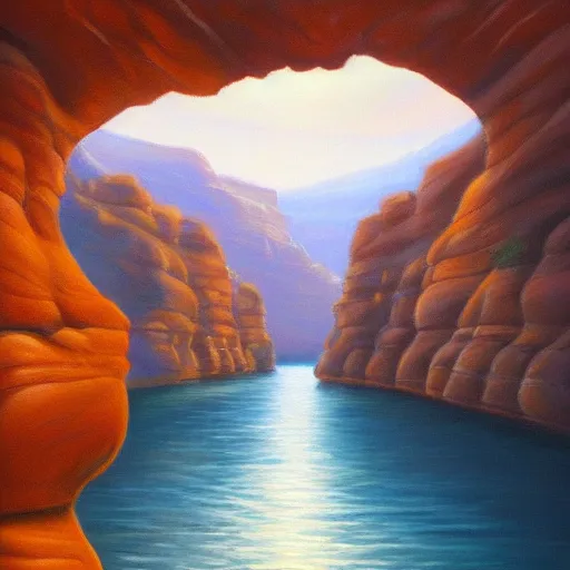 Image similar to beautiful oil painting of a canyon in between mountains, trending on artstation, high detail, realism, award winning, detailed lighting