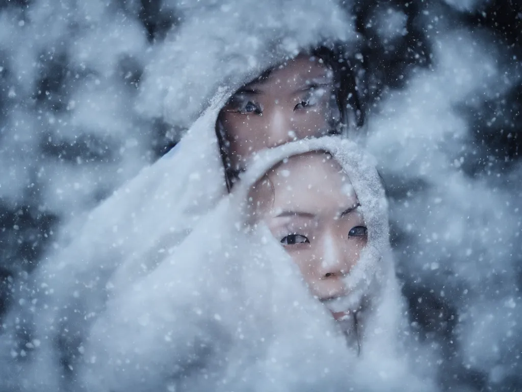 Image similar to the piercing stare of yuki onna, snowstorm, blizzard, mountain snow, canon eos r 6, bokeh, outline glow, asymmetric unnatural beauty, little smile, billowing cape, blue skin, centered, rule of thirds