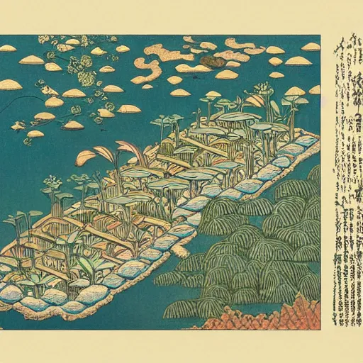 Image similar to 3d isometric botanical illustration of a small city in an island surrounded by water, diego rivera in Ukiyo-e style, HD