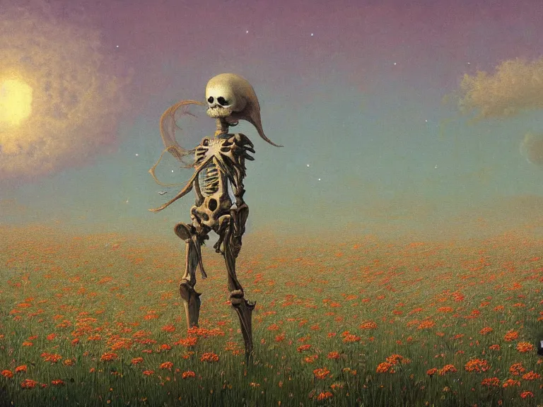 Prompt: a detailed profile illustration of skelleton standing in a field of flowers, aurora lighting clouds and stars by beksinski carl spitzweg and tuomas korpi. intricate artwork by moebius. Trending on artstation. 8k