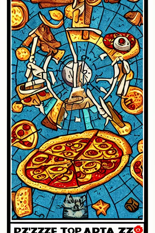 Prompt: Pizza zodiac tarot card, mayan style, concept art, detailed