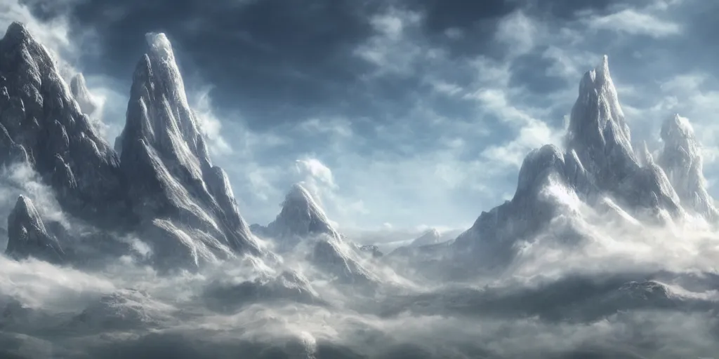 Prompt: peaceful clouds, mountain range with huge cliffs, epic, matte painting, concept art, 4k