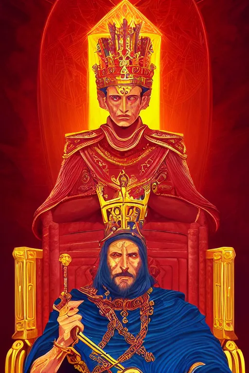 Prompt: the emperor tarot card art, the crowned embodiment of male power holding the symbol of his power sits on a lavish red throne ruling with wisdom and care, 8 k resolution digital painting, vibrant colors, in the style of alena aenami and michael whelan, behance hd, trending on artstation deviantart