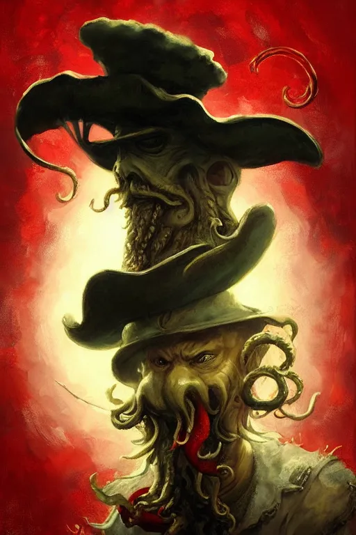 Image similar to A centered portrait of a smug drunken Cthulhu bard with a curly moustache and a large musketeer hat with a red feather by Craig Mullins, HD, broad shoulders::trending on artstation::painted sea on background by Craig Mullins