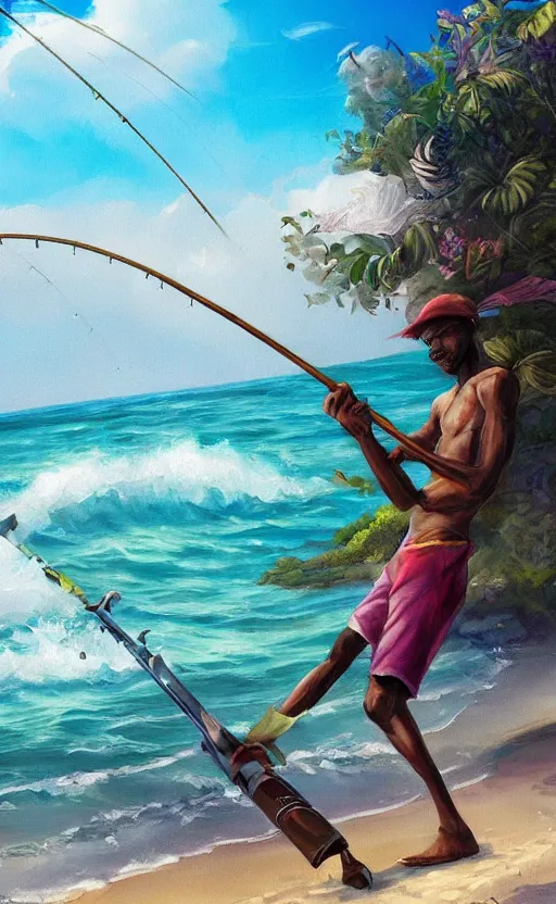 Prompt: A beautiful painting of a singular Jamaican man fishing at edge of the Jamaican sea by Ross Tran, style of League of Legends