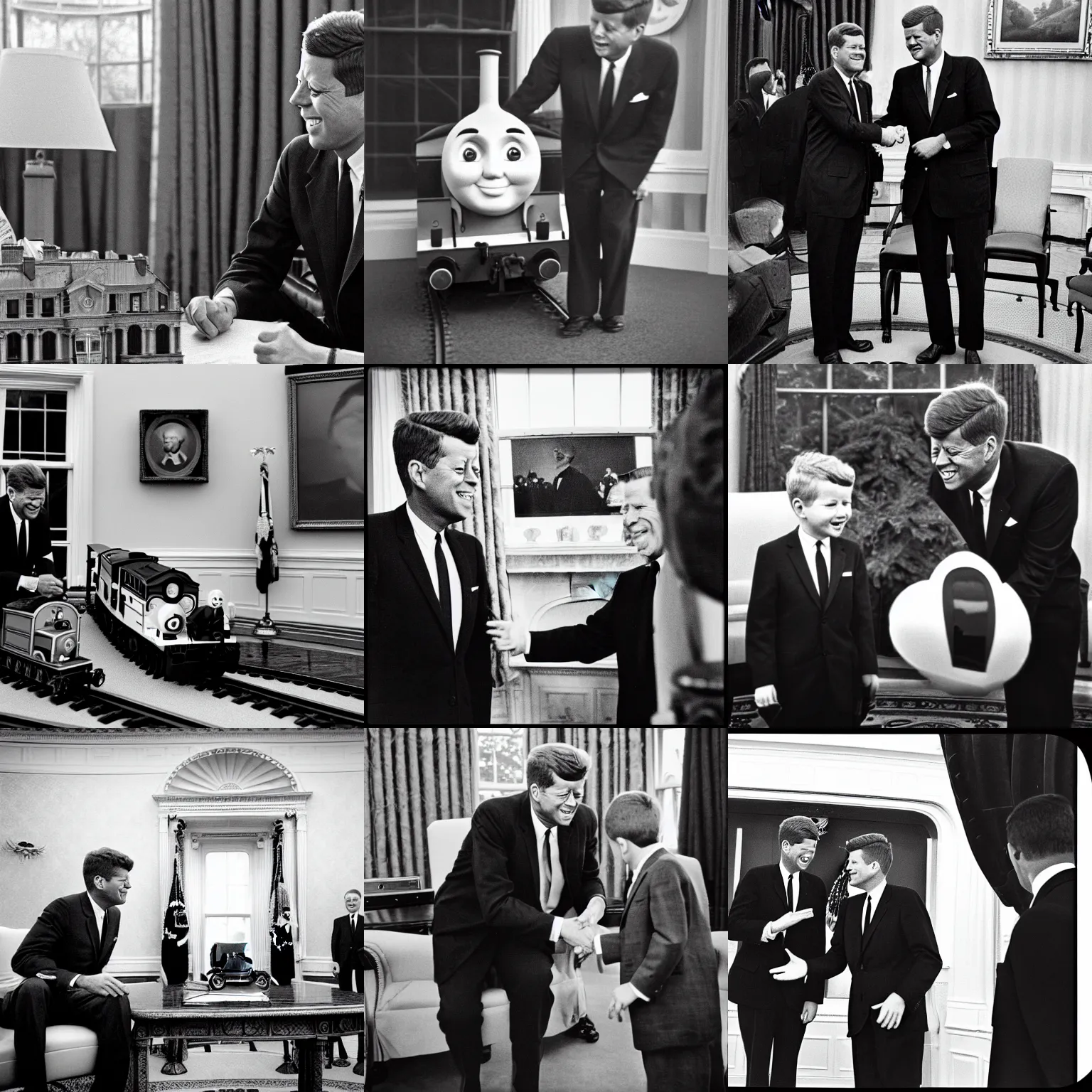 Prompt: John F. Kennedy greets thomas the tank engine in the White House oval office 1960, monochrome, instagram, trending, photograph, film grain and noise
