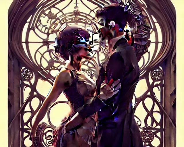 Image similar to A couple with mechanical eyes, art nouveau, fantasy, intricate steam pipe designs, elegant, highly detailed, sharp focus, art by Artgerm and Greg Rutkowski and WLOP
