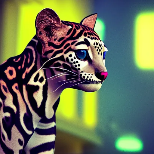 Image similar to profile shot of a neon ocelot, city lights, strong bokeh, dramatic, cinematic, high contrast, octane render, 4k