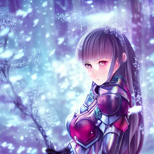 Prompt: portrait focus of knight beautiful 3D anime girl, candy armor wearing, dark forest background, snowing, bokeh, inspired by Masami Kurumada, digital painting, high contrast, unreal engine render, volumetric lighting, high détail