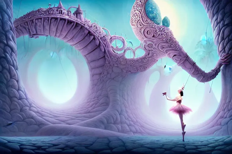 Image similar to beguiling epic stunning beautiful insanely detailed matte painting of a ballerina on an impossible path winding through arctic dream worlds with surreal architecture designed by heironymous bosch, structures inspired by heironymous bosch's garden of earthly delights, surreal ice interiors by cyril rolando and asher durand and natalie shau, whimsical, intricate