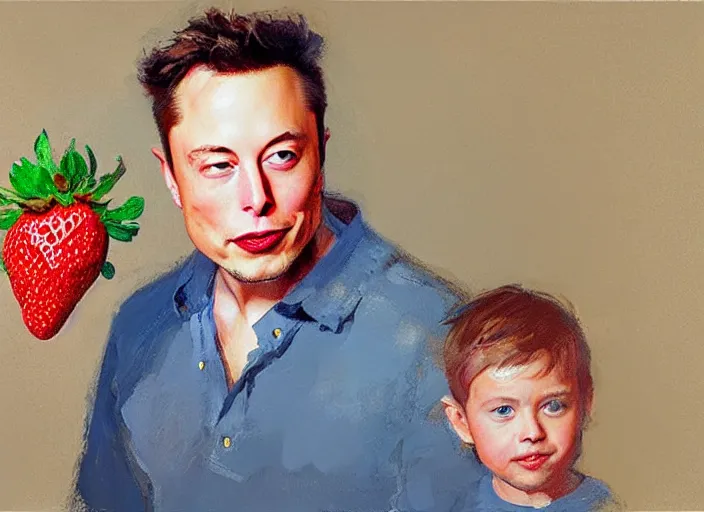 Image similar to a highly detailed beautiful portrait of elon musk with a strawberry, by gregory manchess, james gurney, james jean