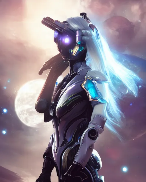 Image similar to perfect android girl on a mothership, warframe armor, beautiful face, scifi, futuristic, galaxy, nebula, raytracing, dreamy, long white hair, blue cyborg eyes, sharp focus, cinematic lighting, highly detailed, artstation, divine, by gauthier leblanc, kazuya takahashi, huifeng huang