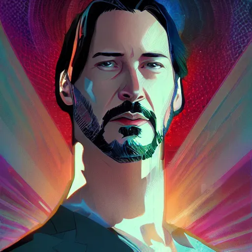 Image similar to Keanu Reeves as Tony Stark, ambient lighting, 4k, alphonse mucha, lois van baarle, ilya kuvshinov, rossdraws, artstation