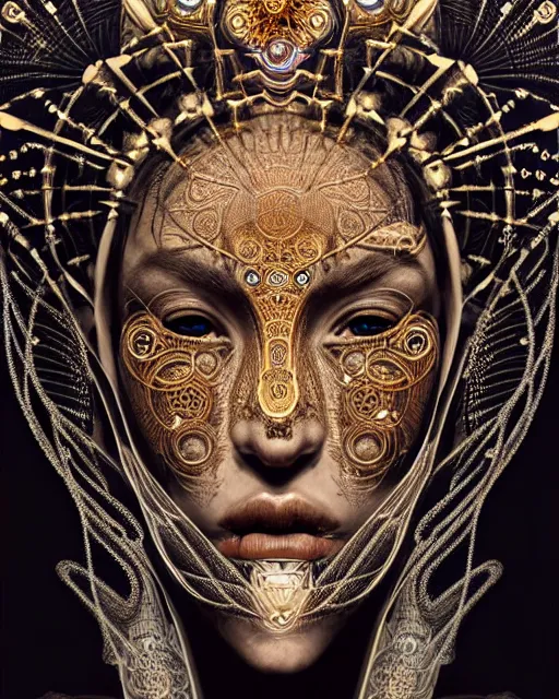 Image similar to hyperrealistic detailed face portrait of the beautiful dark goddess with an intricate golden ornamental geometrical ritual mask, intricate cyberpunk tattoos, glowing ceremonial markings, emotionally dark figure, insane details, art by ernst haeckel, nekro borja, android jones, gothic - cyberpunk, ornamental, dimmed pastel colours,