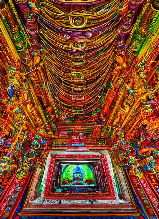 Image similar to breathtakingly beautiful ultrawide angle colour masterpiece weird dream, low angle view from inside a hindu temple, strange beautiful cybertronic temple, cables and tubes, eyes, incredible sense of depth and perspective and clarity, hyperrealism, realistic, symmetry symmetrical, 8 k