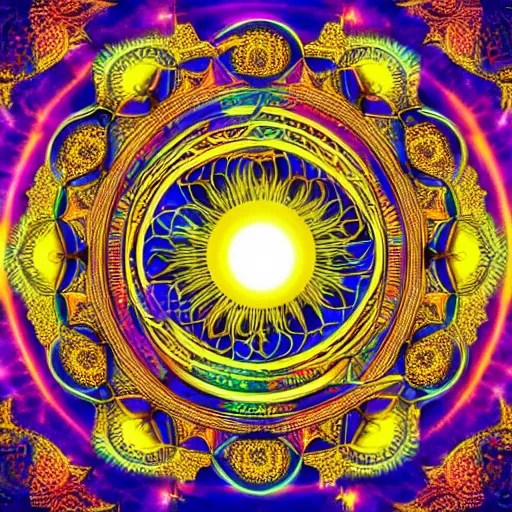 Image similar to rainbowcore, golden Gemini sign glowing, surrounded by lotus, with the sun shining with the moon, with detailed mandala filled with fractals, bioluminescence, glowing runes, de-noise, symmetrical composition, high detailed, super clear, ornate border, 32k