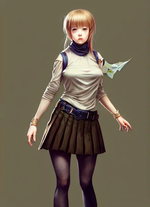 Image similar to portrait of a full body of beautiful young female detective, d & d, sleeveless turtleneck, pleated skirt, fantasy, flat lighting, intricate, highly detailed, digital painting, artstation, concept art, smooth, sharp focus, illustration, misa amane, art by simon bisley and greg rutkowski and alphonse mucha, natural tpose