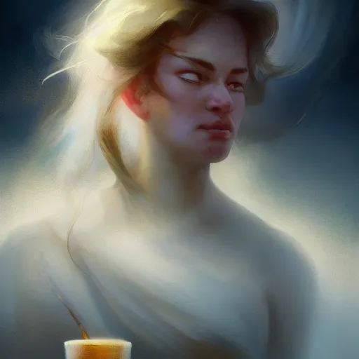 Image similar to epic portrait an waitress drinking coffee, short sleeved, white uniform, muscular, sweaty skin, wet long flowing hair, broad light, ambient occlusion, volumetric light effect, made by ivan aivazovsky, peter mohrbacher, greg rutkowski, matte painting, trending on artstation, 4 k, perfectly defined features, digital painting,