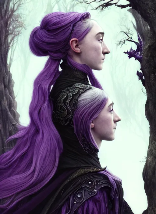 Image similar to side portrait Saoirse Ronan as dark witch, adventurer outfit large cloak, fantasy forest landscape, dragon scales, fantasy magic, undercut hairstyle, short purple black fade hair, dark light night, intricate, elegant, sharp focus, illustration, highly detailed, digital painting, concept art, matte, art by WLOP and Artgerm and Greg Rutkowski and Alphonse Mucha, masterpiece